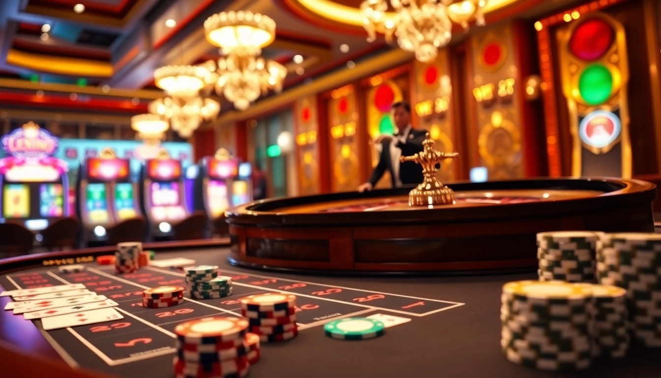 Une interface de casino en ligne visuellement époustouflante présentant une table de roulette animée et des jetons de poker vibrants.