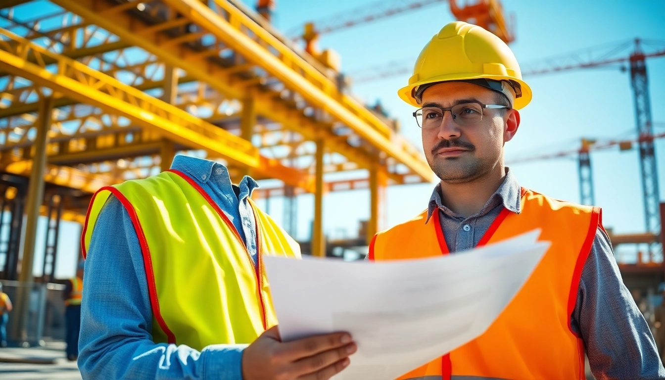 Manhattan Construction Manager overseeing a bustling construction site with blueprints.