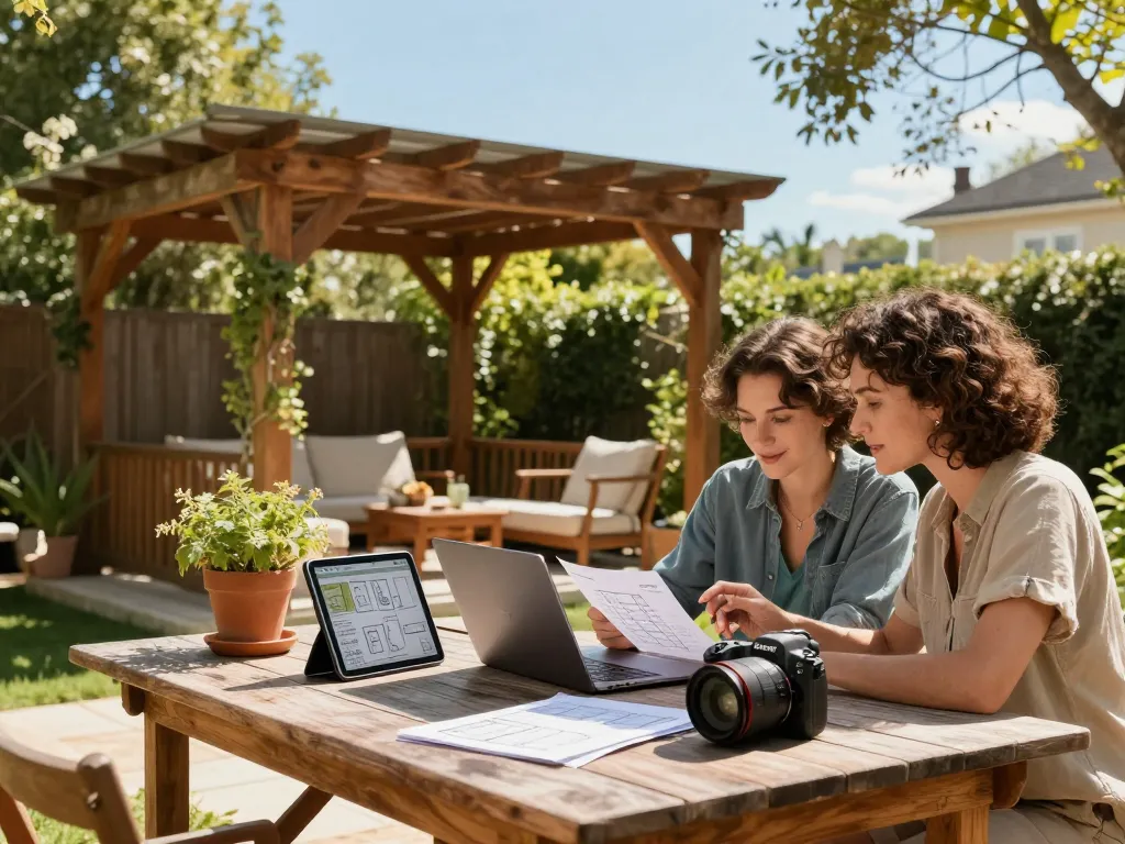 Couple using a pergola 3D planner outdoors to design their backyard with greenery.