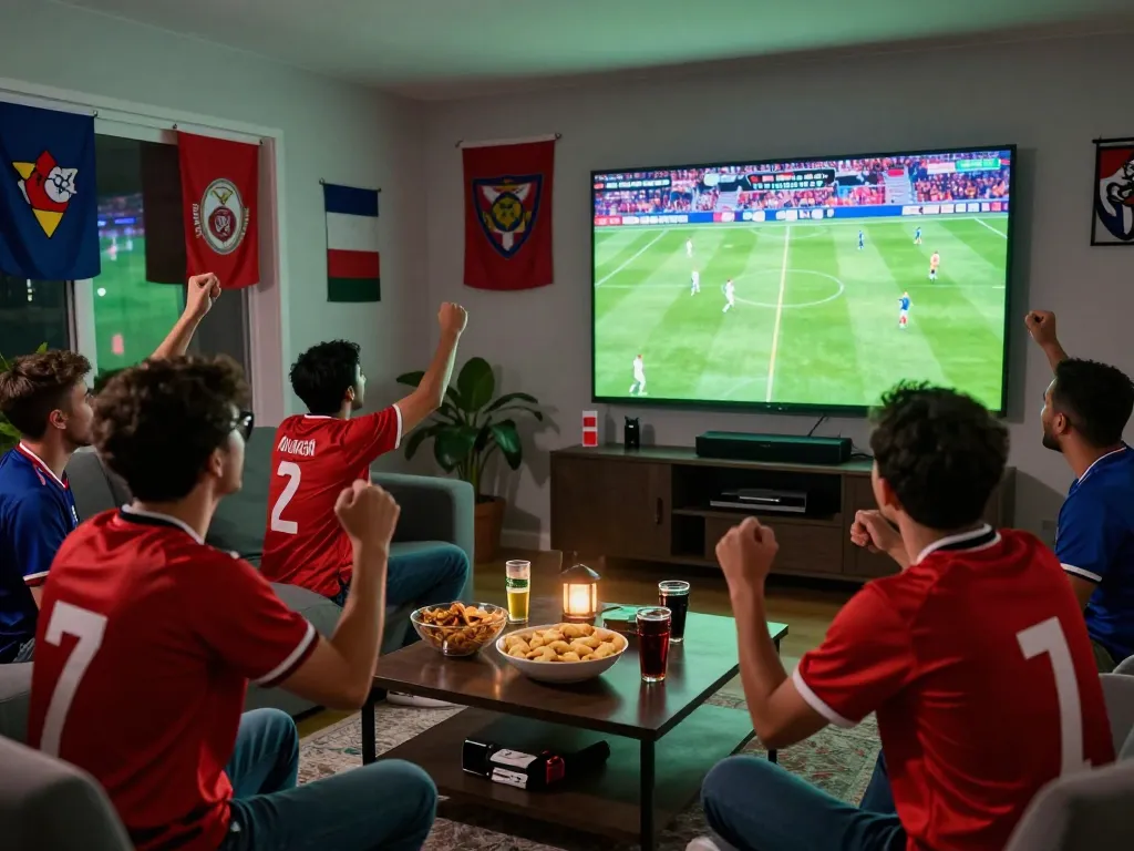 Fans enjoying trực tiếp bóng đá in a lively home atmosphere with snacks and team colors.