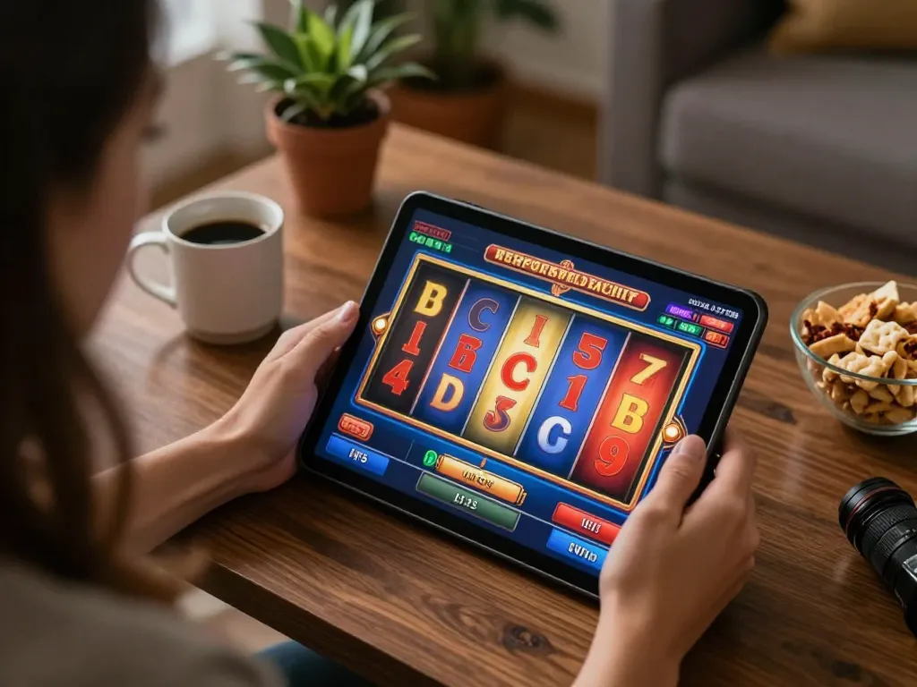 Pengguna 88Pulsa menikmati permainan slot online yang cerah di tablet dalam suasana rumah yang nyaman