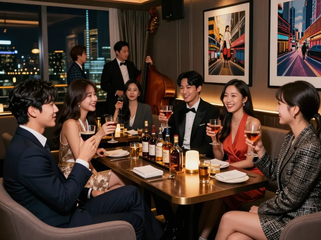 Socializing at a luxurious Gangnam bar, showcasing the vibrant experience of 강남쩜오 nightlife.