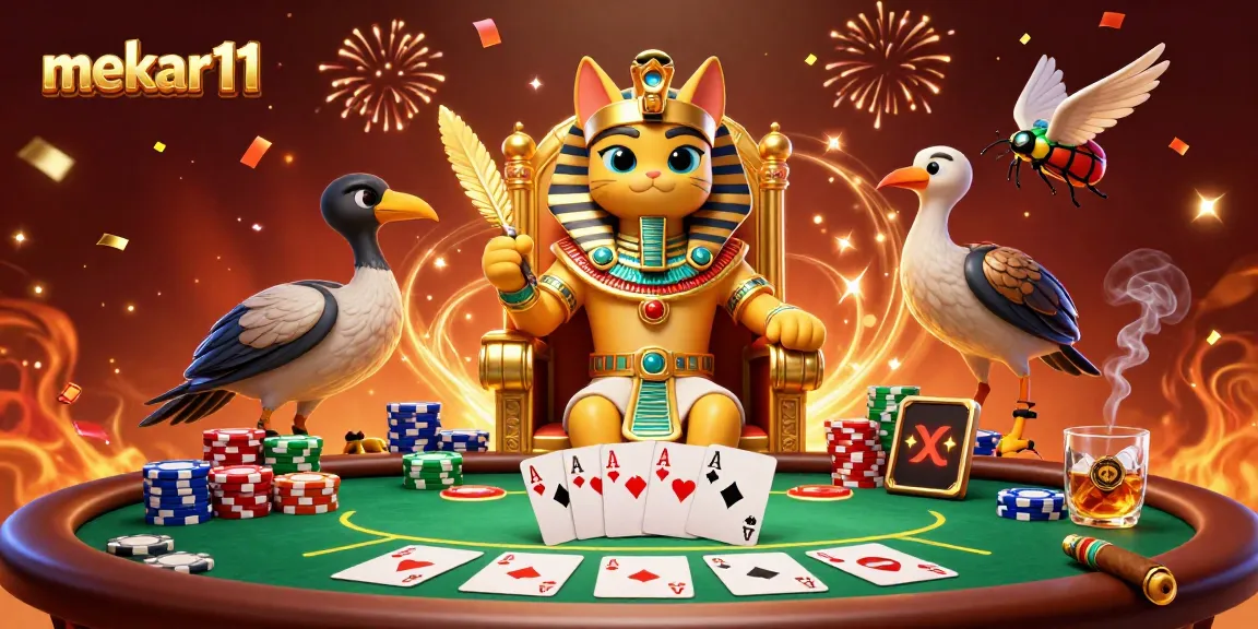 Mekar11 offers a vibrant poker scene with Egyptian pharaoh cat characters celebrating a winning hand.