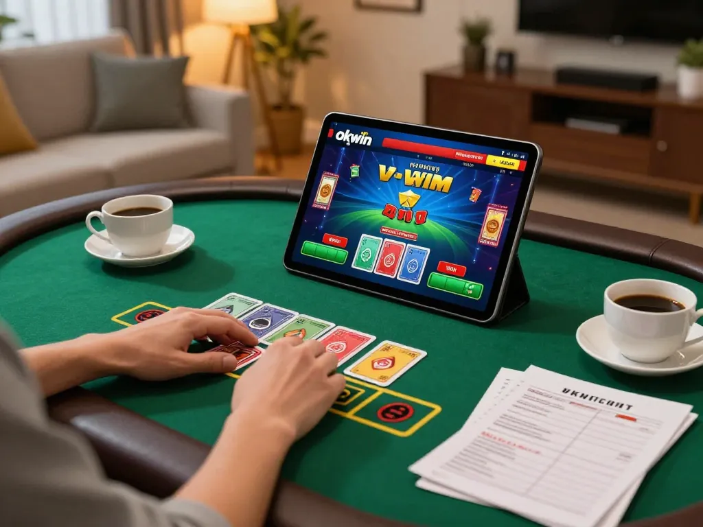 Engaging in an online okwin casino game at home with warm lighting and strategy notes.