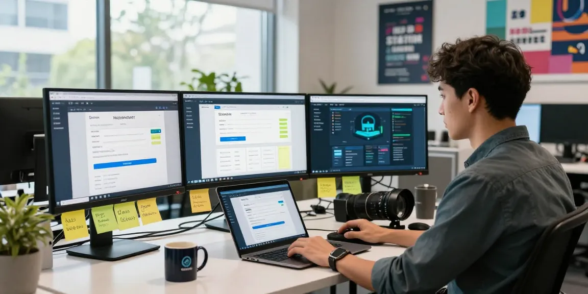 Web developer managing registro de dominios processes in a modern office.