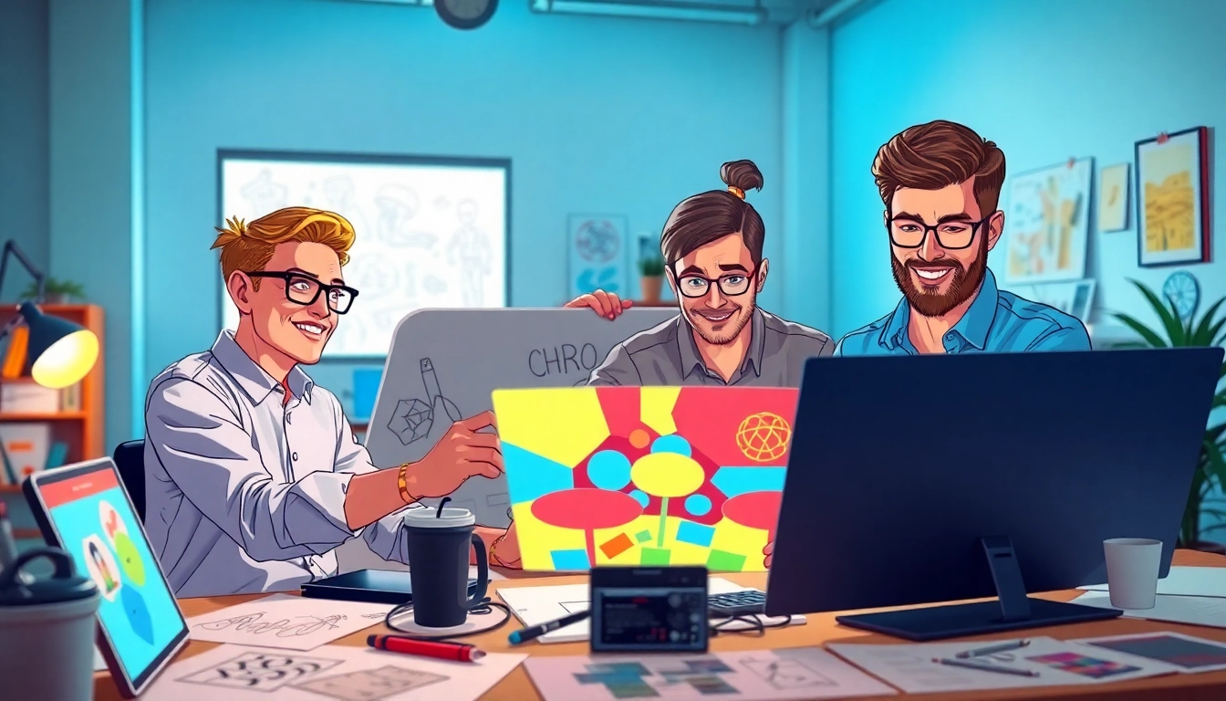Animationsagentur zeigt Designer bei der Arbeit an einem kreativen Projekt mit lebhaften Farben.