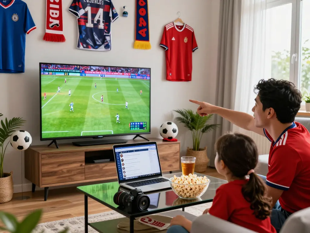 Cakhiatv soccer fan watching live match, showcasing memorabilia, excitement, and community ambiance.
