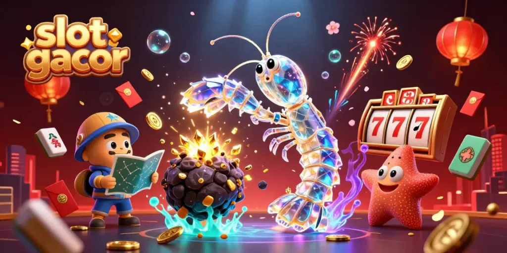 Memperlihatkan permainan slot gacor, ilustrasi digital 3D menampilkan samurai mantis udang dan peta konstelasi.