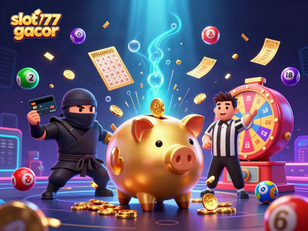 Slot 777 gacor menampilkan pegulat bank koin besar yang mengeluarkan koin emas dalam permainan slot yang meriah.