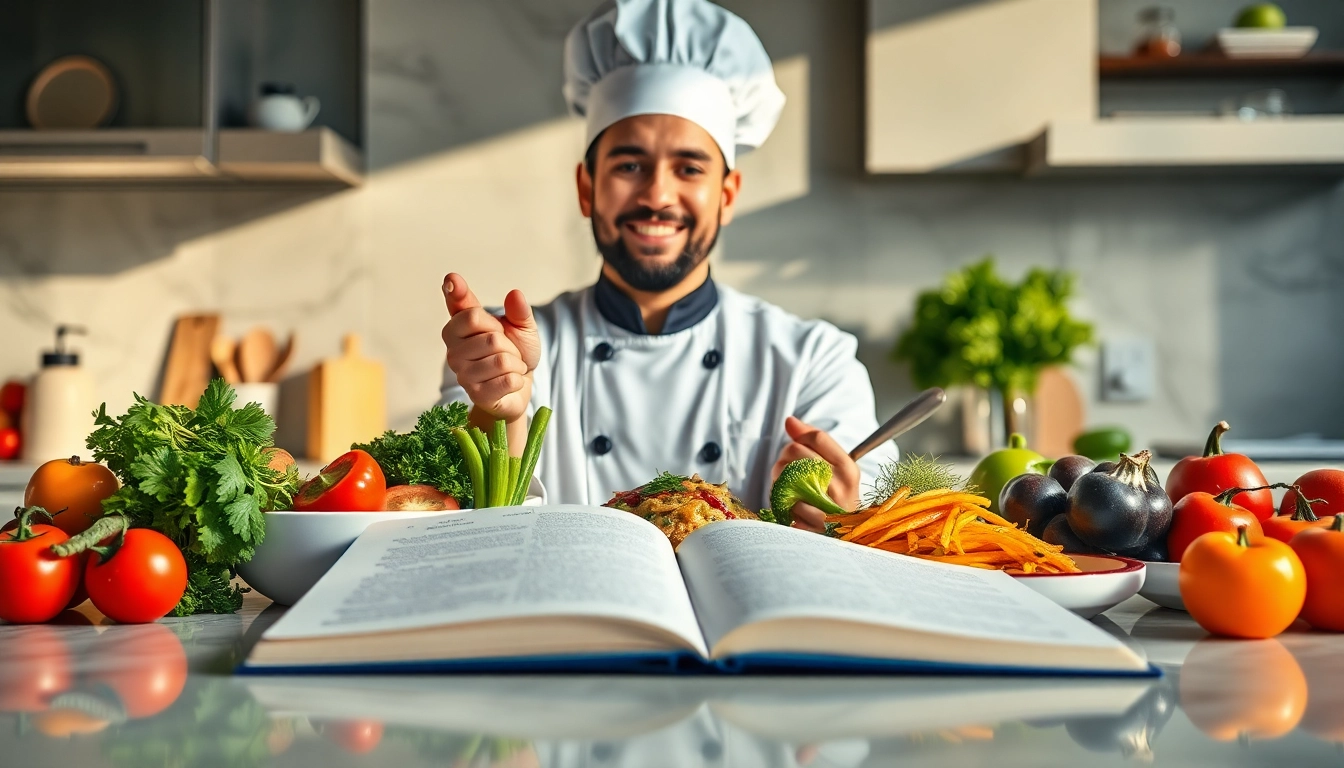 Chef shares engaging dish facts while preparing colorful dishes in a bright kitchen.