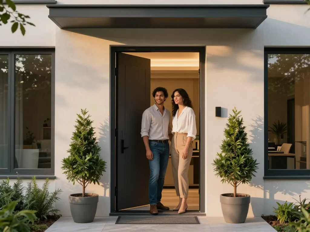 Stilvolle Haustür mit einladendem Paar am Eingang, das modernes Wohn-Design zeigt.