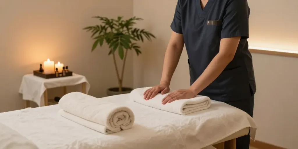 Relaxing 인덕원출장마사지 therapy room with candles and soft lighting, creating a calming atmosphere for clients.