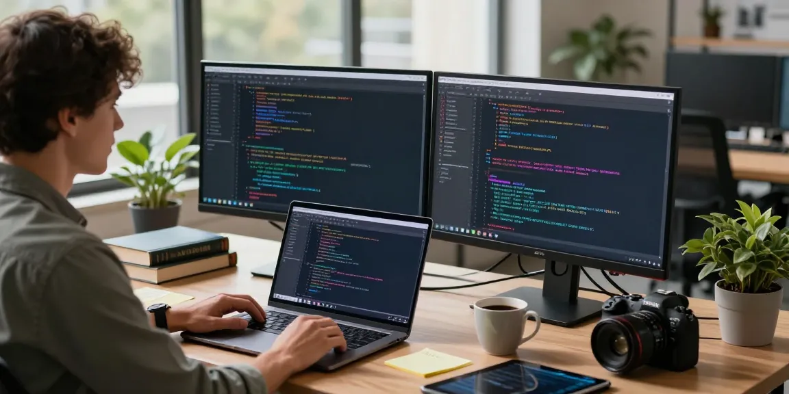 Exploring 纸飞机下载 with a developer in a modern workspace, coding on multiple screens.