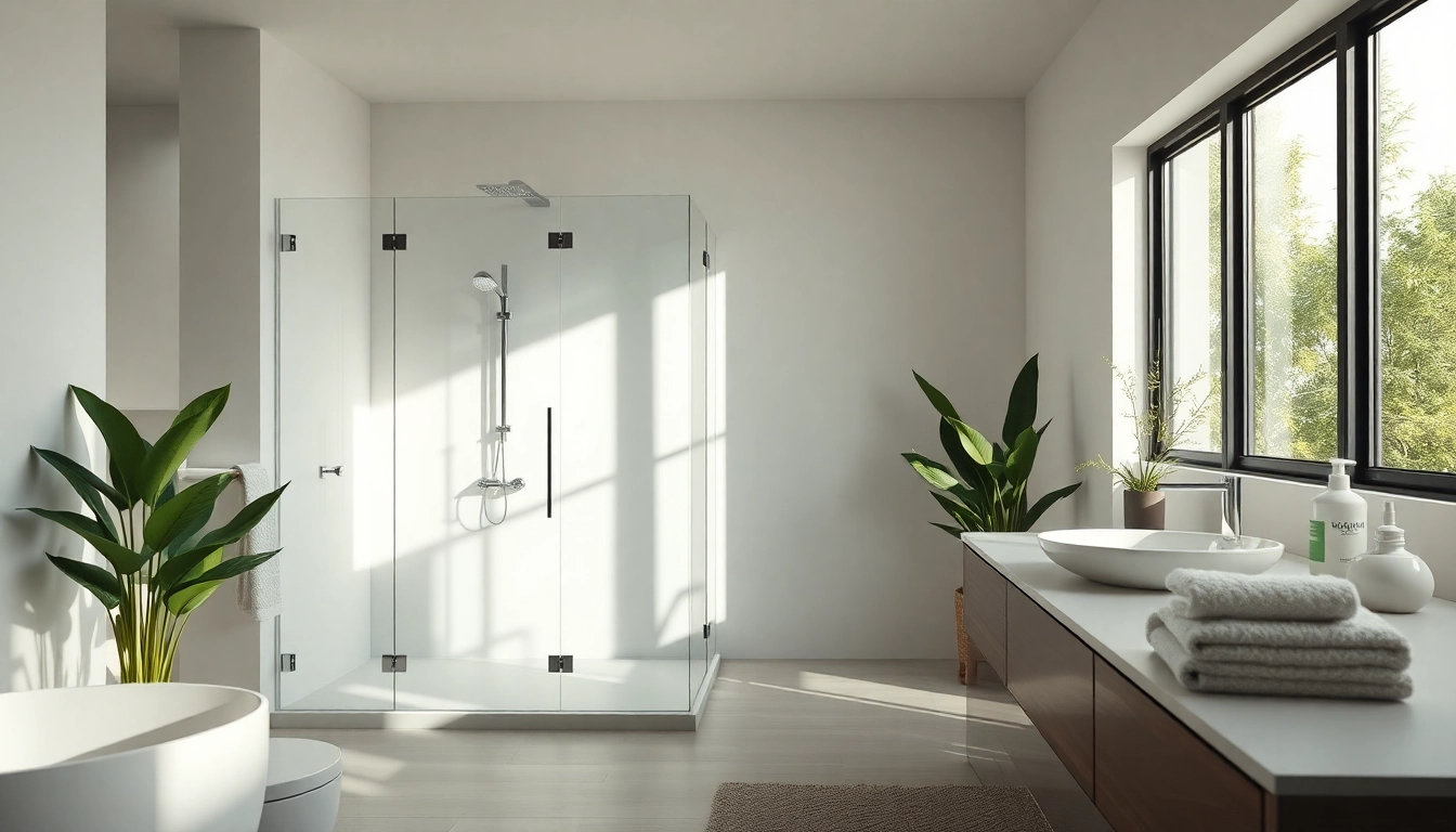 Stylish elegant showers au in a modern, bright bathroom setting with lush greenery.