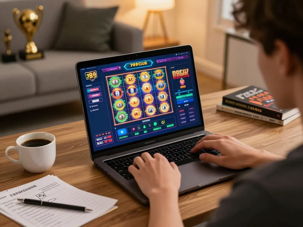 Engaging gameplay on 789club platform from a laptop, showcasing vibrant slot machines.