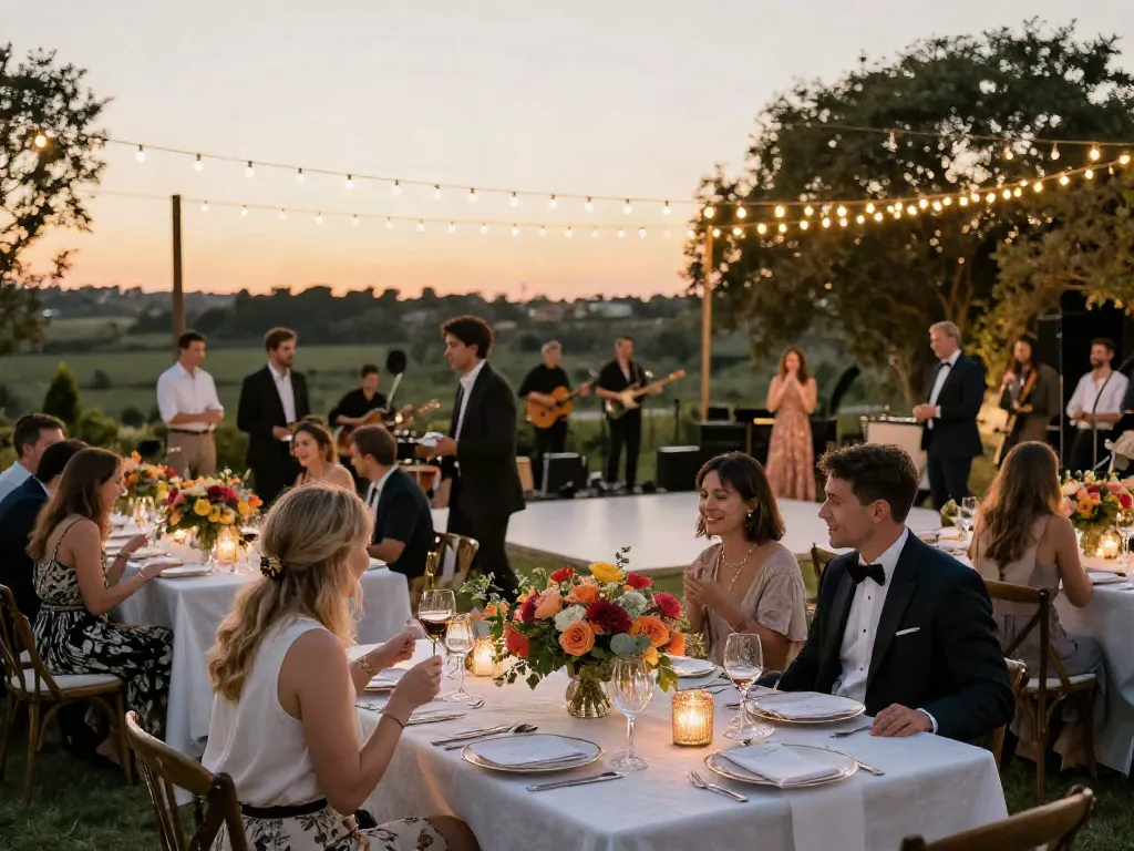Event rentals set up for an elegant outdoor wedding reception with floral decor and warm lighting.
