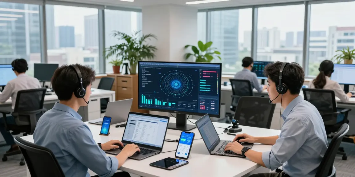 Team collaborating on business IT support in modern office setting, showcasing proactive monitoring and technology tools.