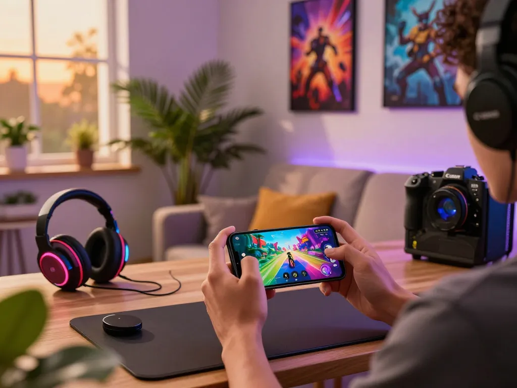 Engaged player enjoying autowin88 mobile gaming experience in a cozy setting with vibrant graphics and gaming accessories.