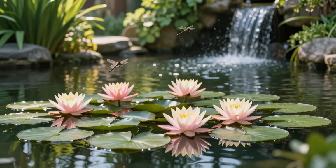 Water lilies flourishing on a tranquil pond, showcasing vibrant blooms and lush greenery.