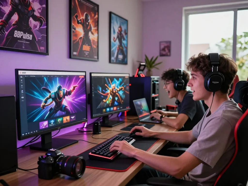 Engaging online gaming setup with players enjoying 88Pulsa games in a vibrant atmosphere.