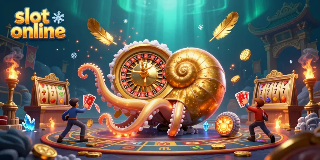 Engaging slot online gaming scene featuring a giant nautilus as a roulette wheel, holding cards amidst colorful casino elements.