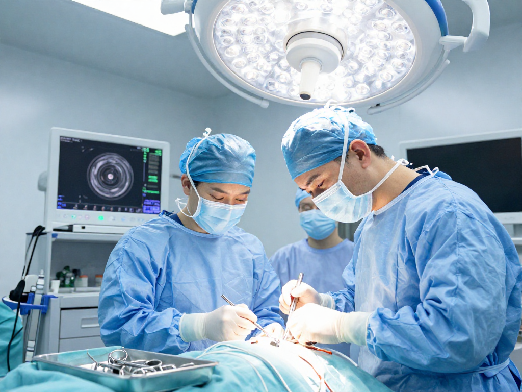 Dar kanal ameliyatı in a modern surgical room highlighting advanced surgical techniques and teamwork.
