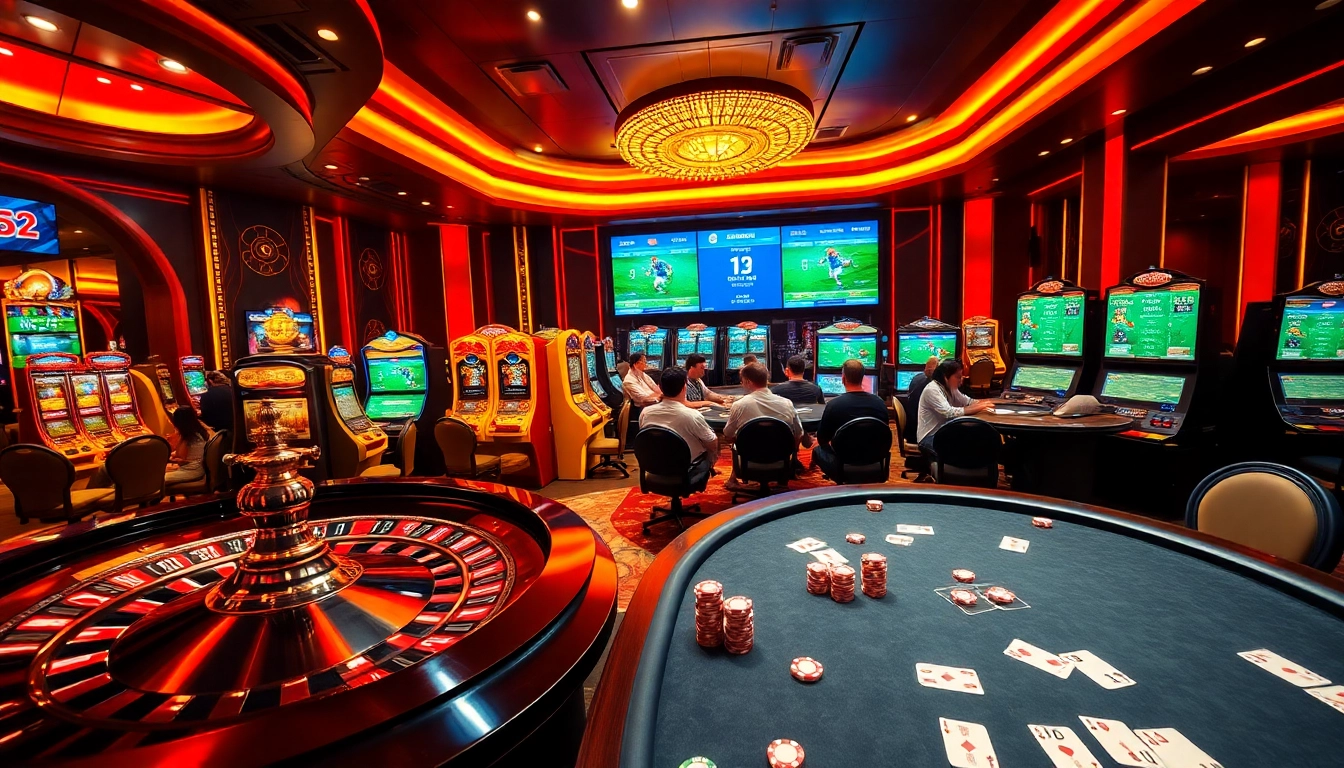 Experience the thrill of kết quả các trận bóng đá while engaging at a luxurious casino with roulette and poker tables.