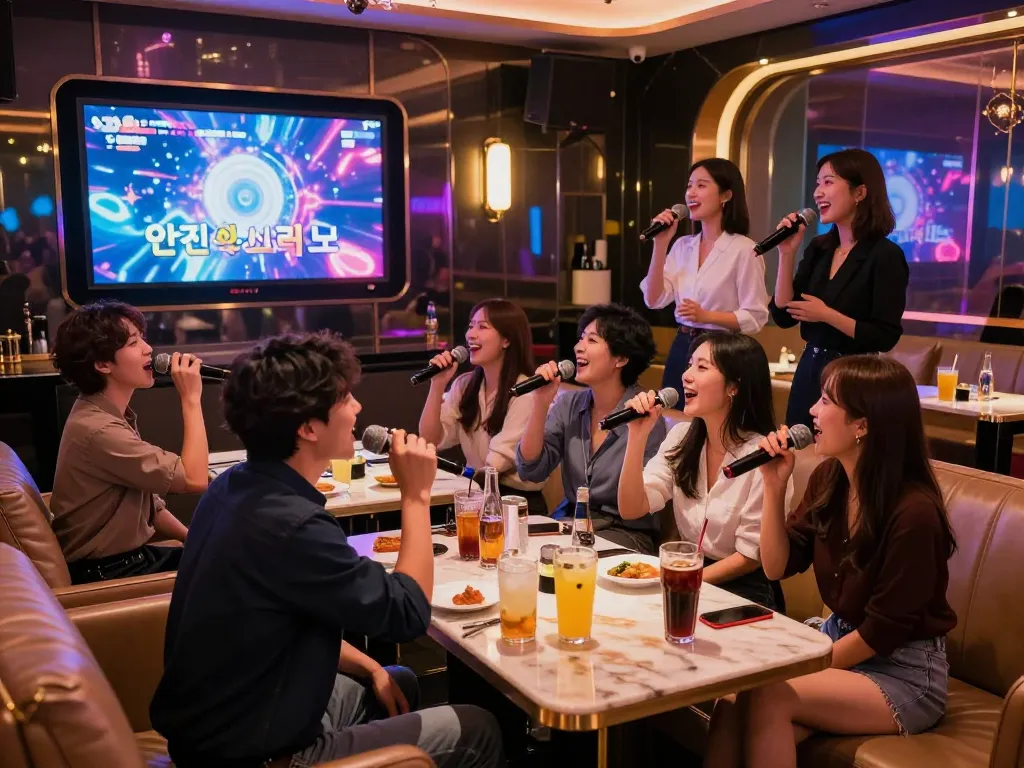 친구들과 함께 노래하며 음료를 즐기는 스타일리시한 호스티스가 있는 매력적인 인천쓰리노 나이트라이프.