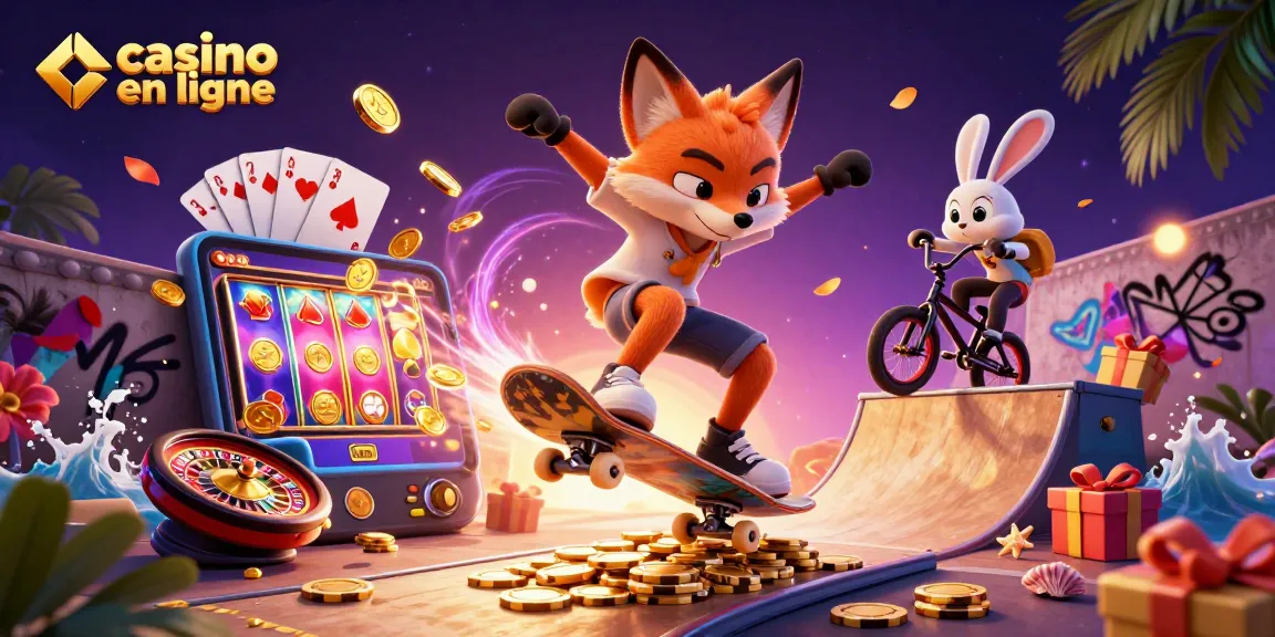 Plongez dans l'univers du casino en ligne avec un renard skateboardeur et un lapin BMX au cœur d'une scène dynamique.