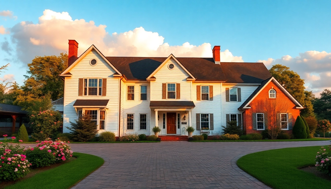 Showcasing a colonial home new build construction surrounded by beautiful landscaping in natural light.
