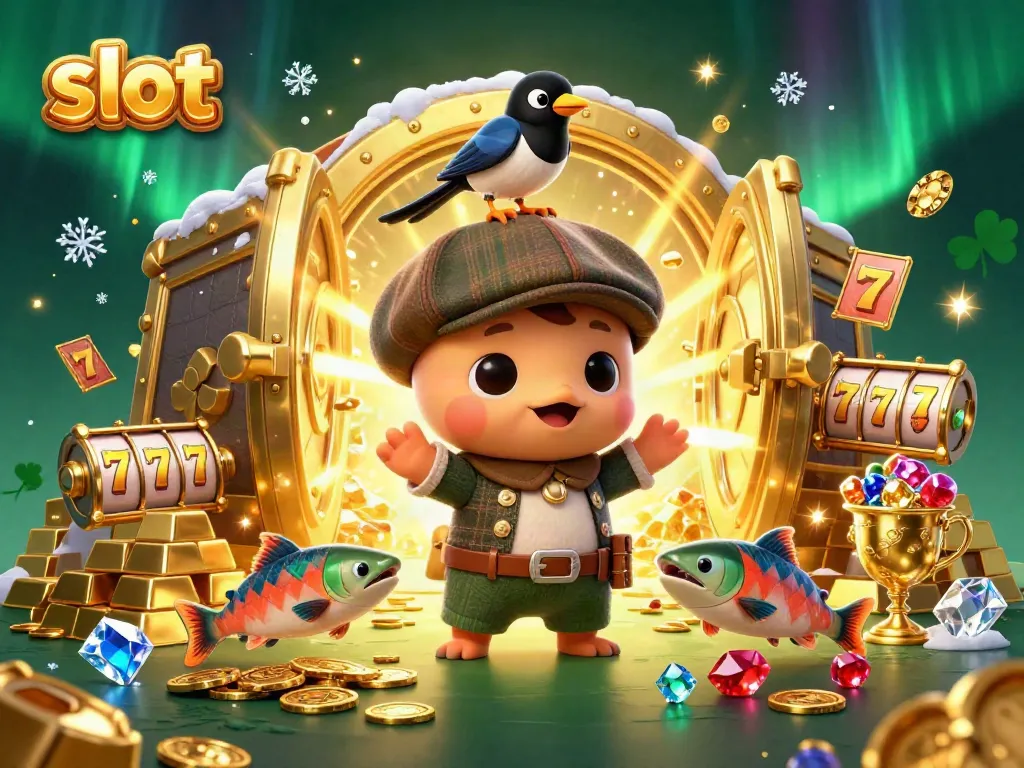 Win at slot games with an energetic scene featuring adorable characters and dazzling treasures.