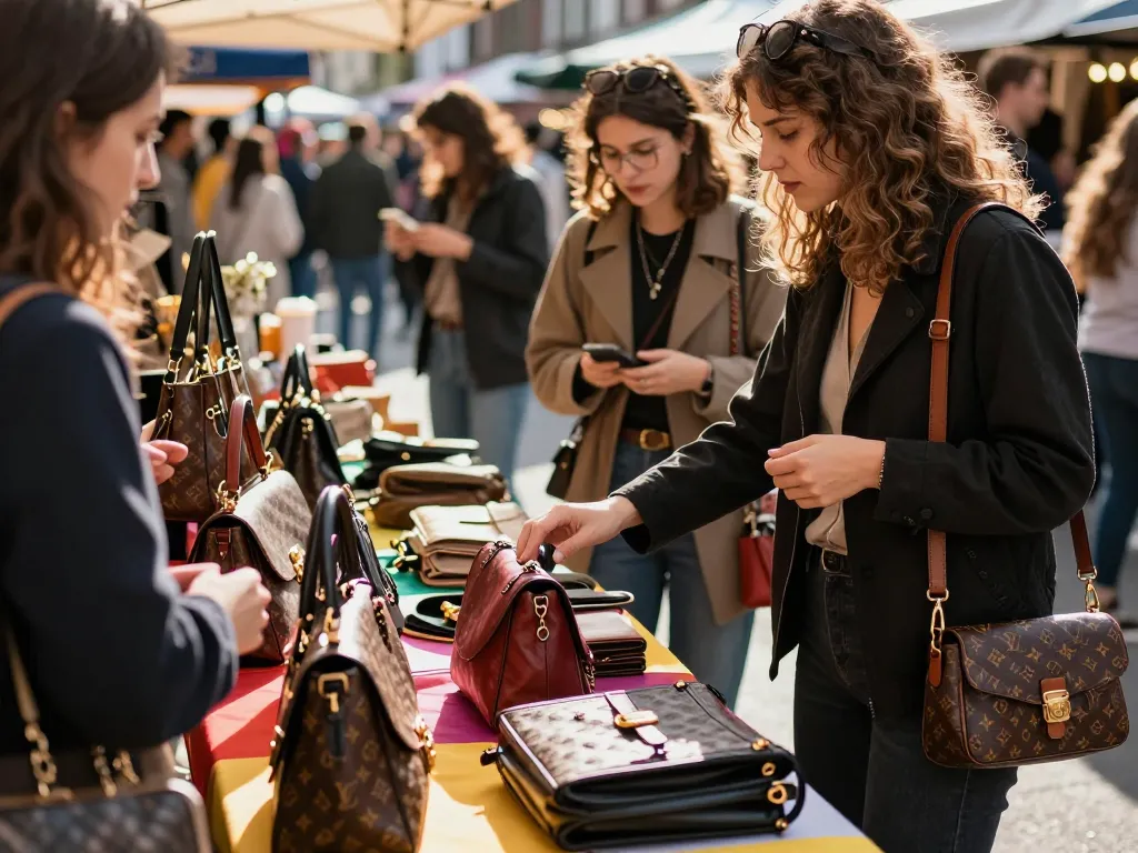 Shopping for high-quality 레플리카 handbags in vibrant urban marketplace, showcasing style and individuality.