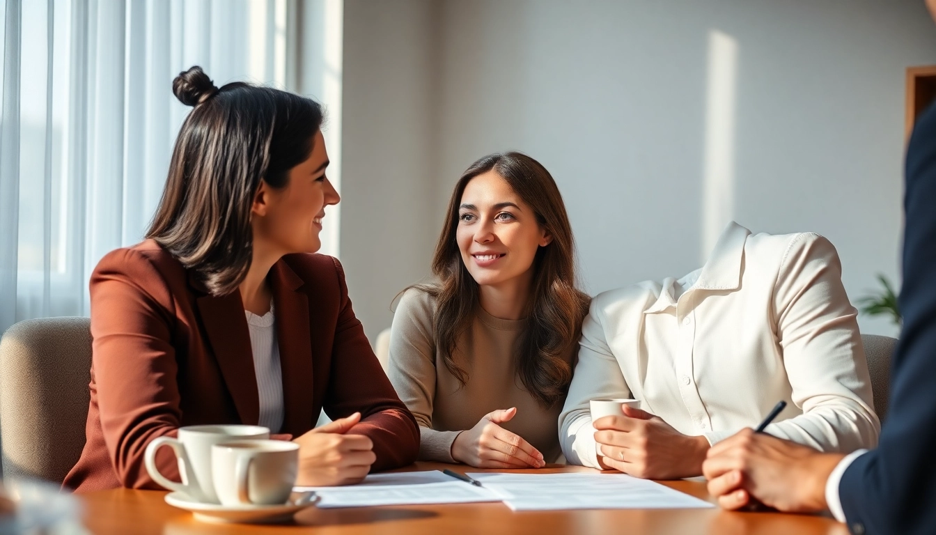 Couple discussing Family Law Financial Agreements in a professional office setting.