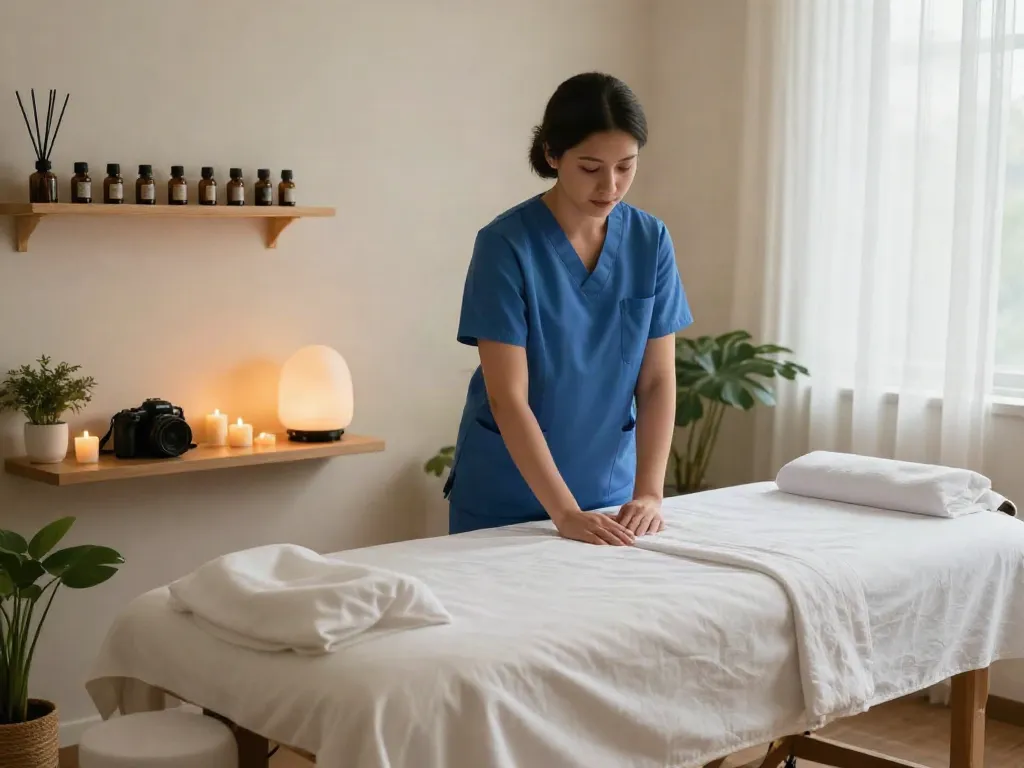Relaxing 의정부출장마사지 therapy room with soothing atmosphere and therapist preparing for a session.