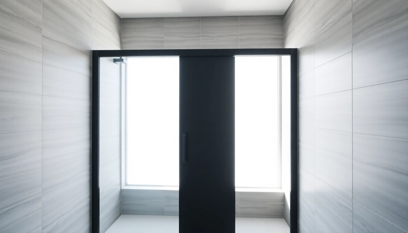 Install a modern black shower sliding door in a stylish bathroom with sleek design elements.