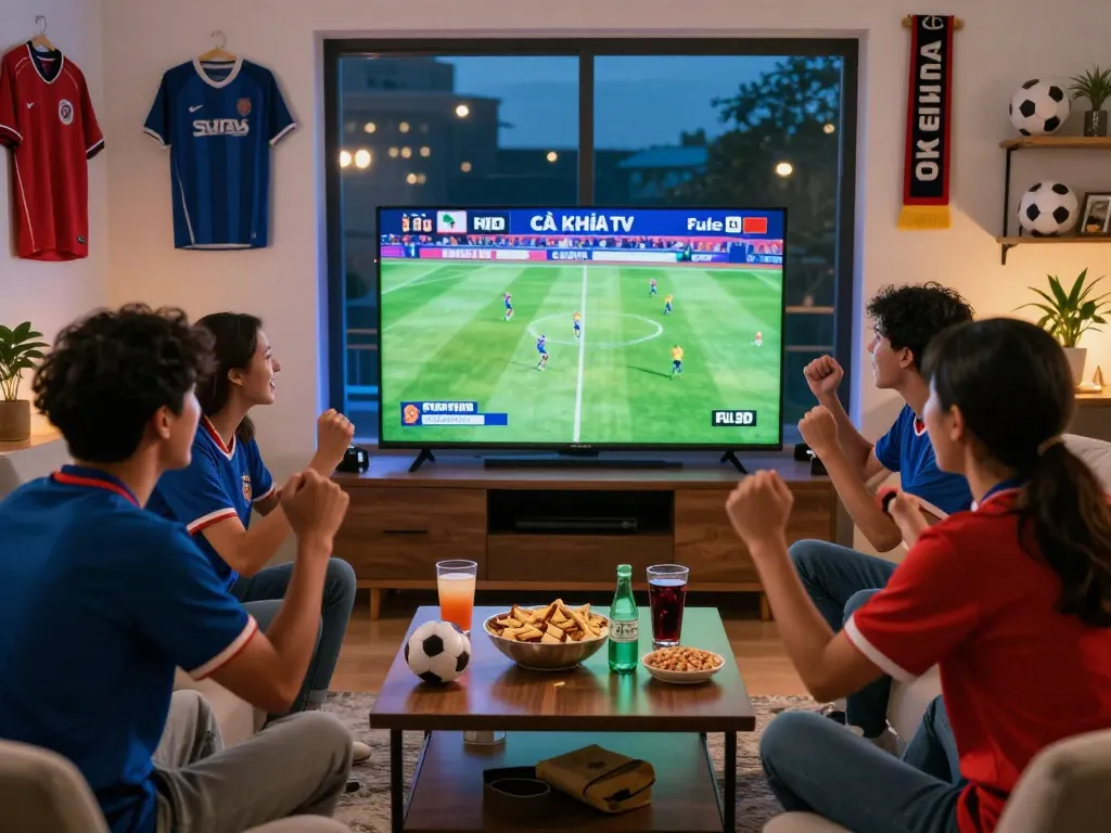 Cà Khịa TV live football match streaming with enthusiastic friends, vibrant atmosphere, Full HD broadcast