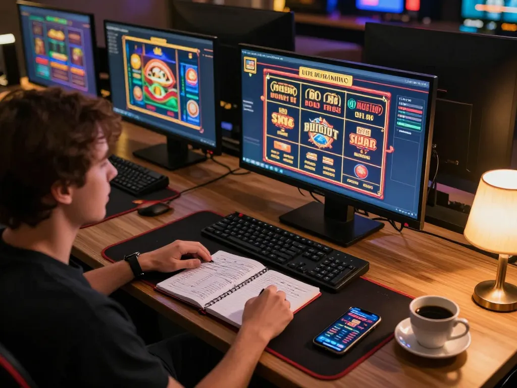 Engaging online casino gameplay scene depicting a player focused on gori77 strategy with multiple screens.