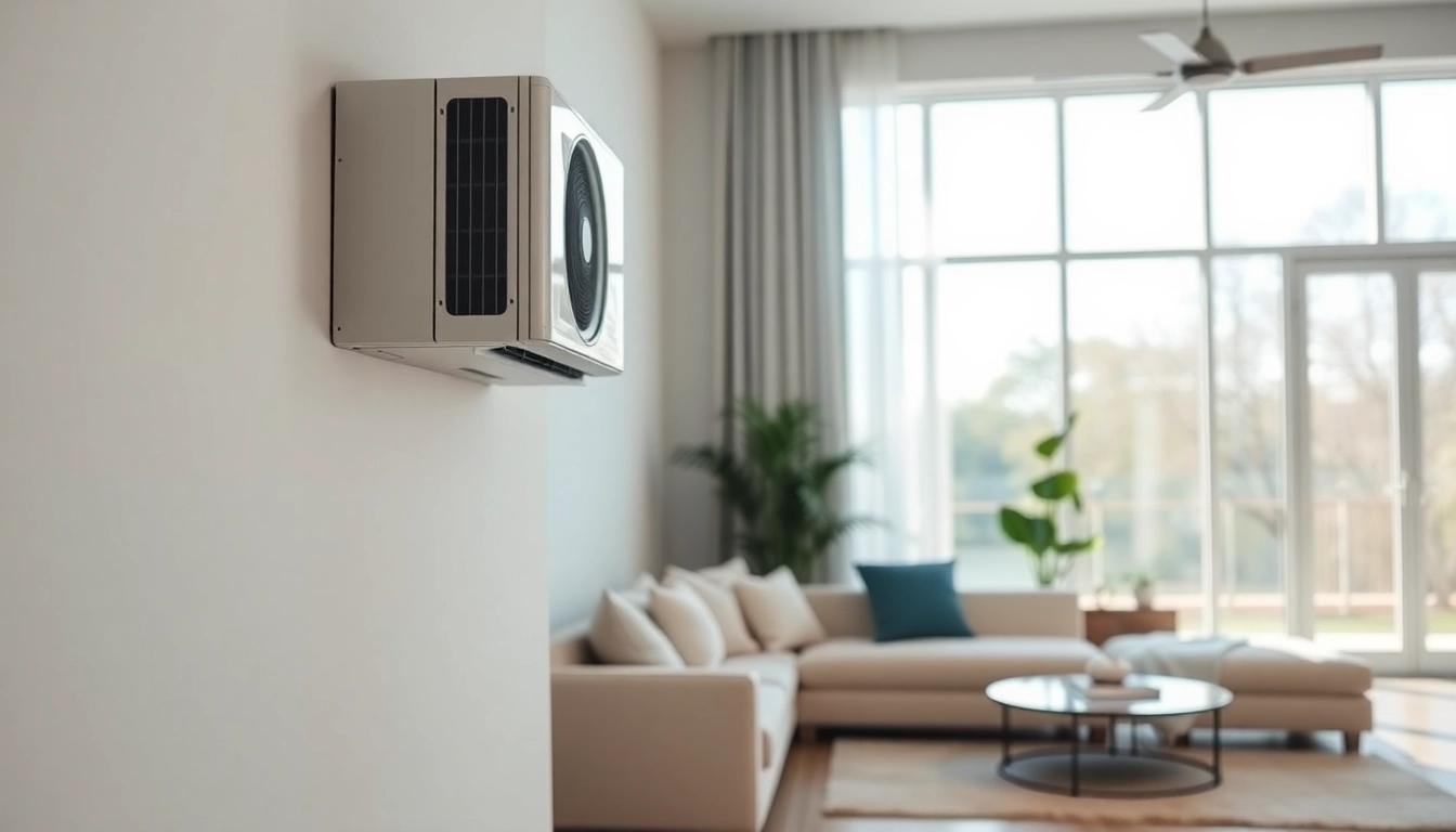 Install Mitsubishi mini split AC in a modern living room setting showcasing sleek design and comfort.