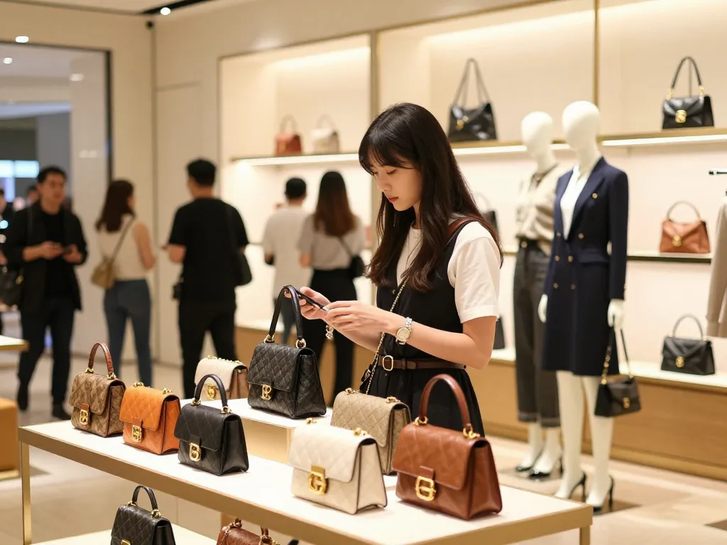 Stylish woman exploring 레플리카 쇼핑몰 with fashionable replica handbags in an elegant urban shopping scene.