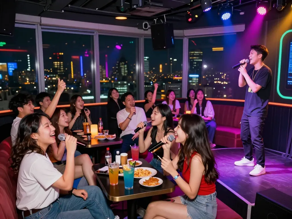 友達と一緒に歌い、活気あるナイトクラブの雰囲気で夜遊びを楽しむホーチミンのカラオケ・ロングタイムのエキサイティングな体験。