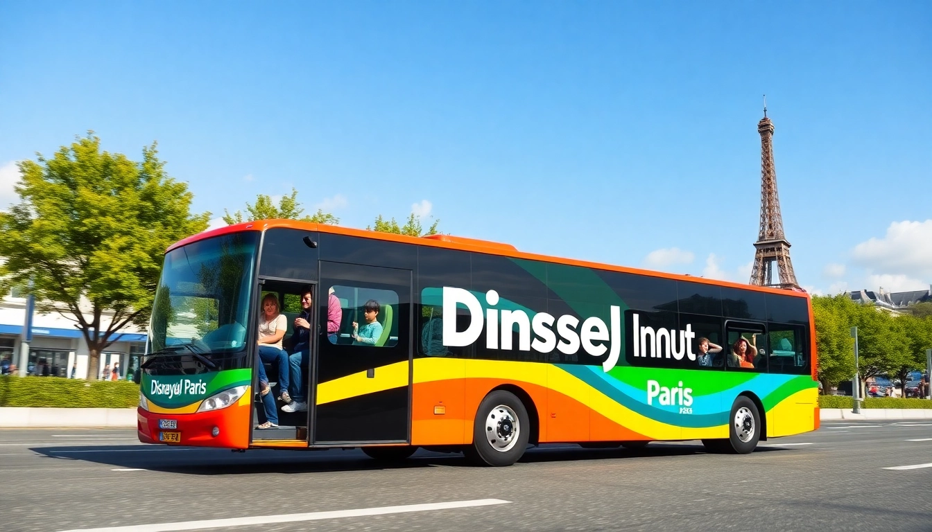 Enjoy Disneyland Paris airport transfer services with a vibrant shuttle bus welcoming passengers at CDG.