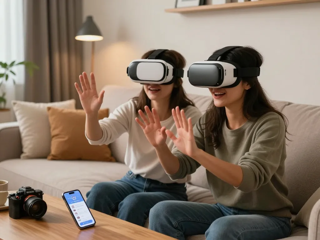 Couple exploring technology in relationship through sex ai in a cozy, modern room.
