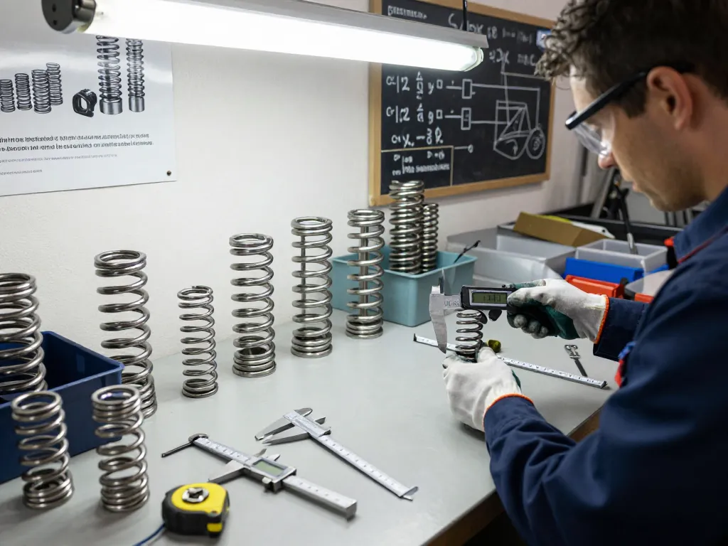 Verificarea arcurilor tracțiune într-un atelier cu unelte și arcuri din oțel inoxidabil, evidențiind ingineria de precizie.