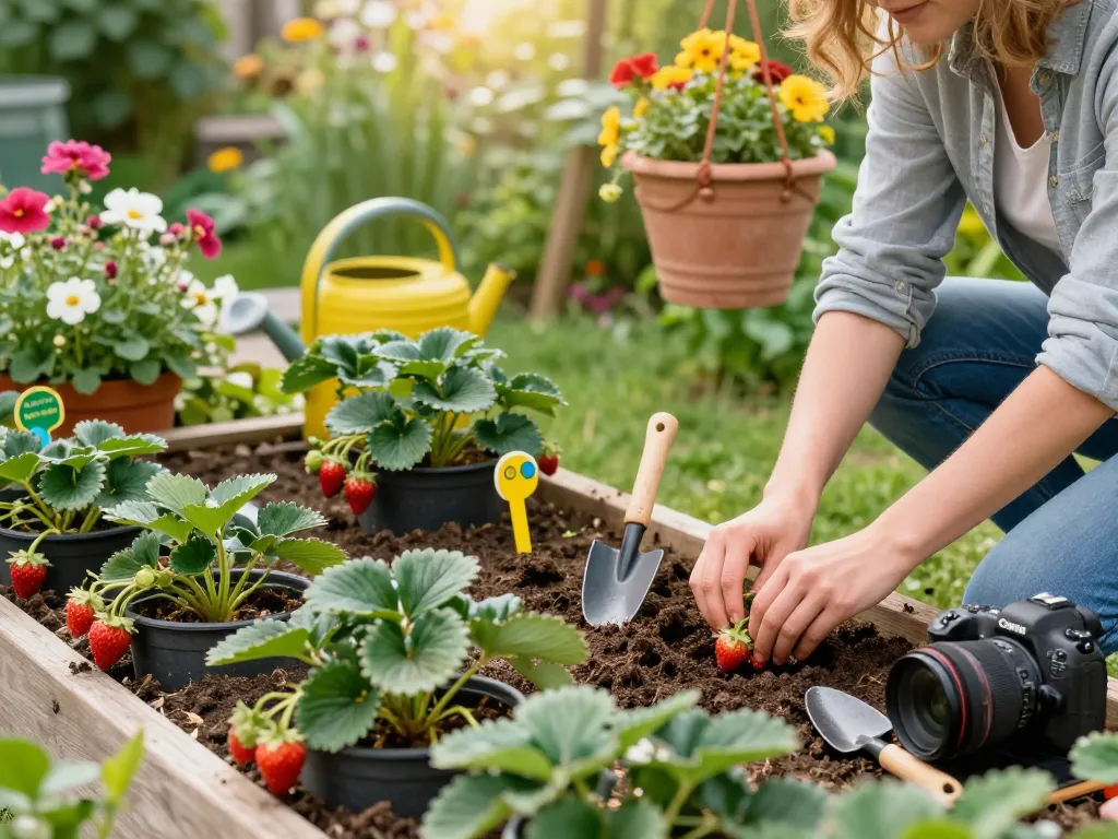 A person planting aardbeienplanten kopen in a vibrant garden filled with colorful strawberry plants.
