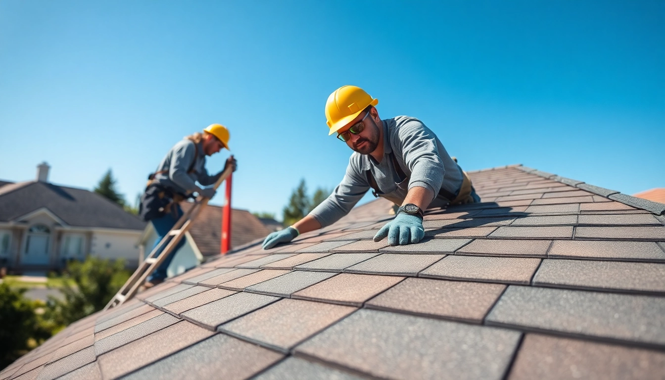 Roofing contractor skillfully installing shingles on a residential home.