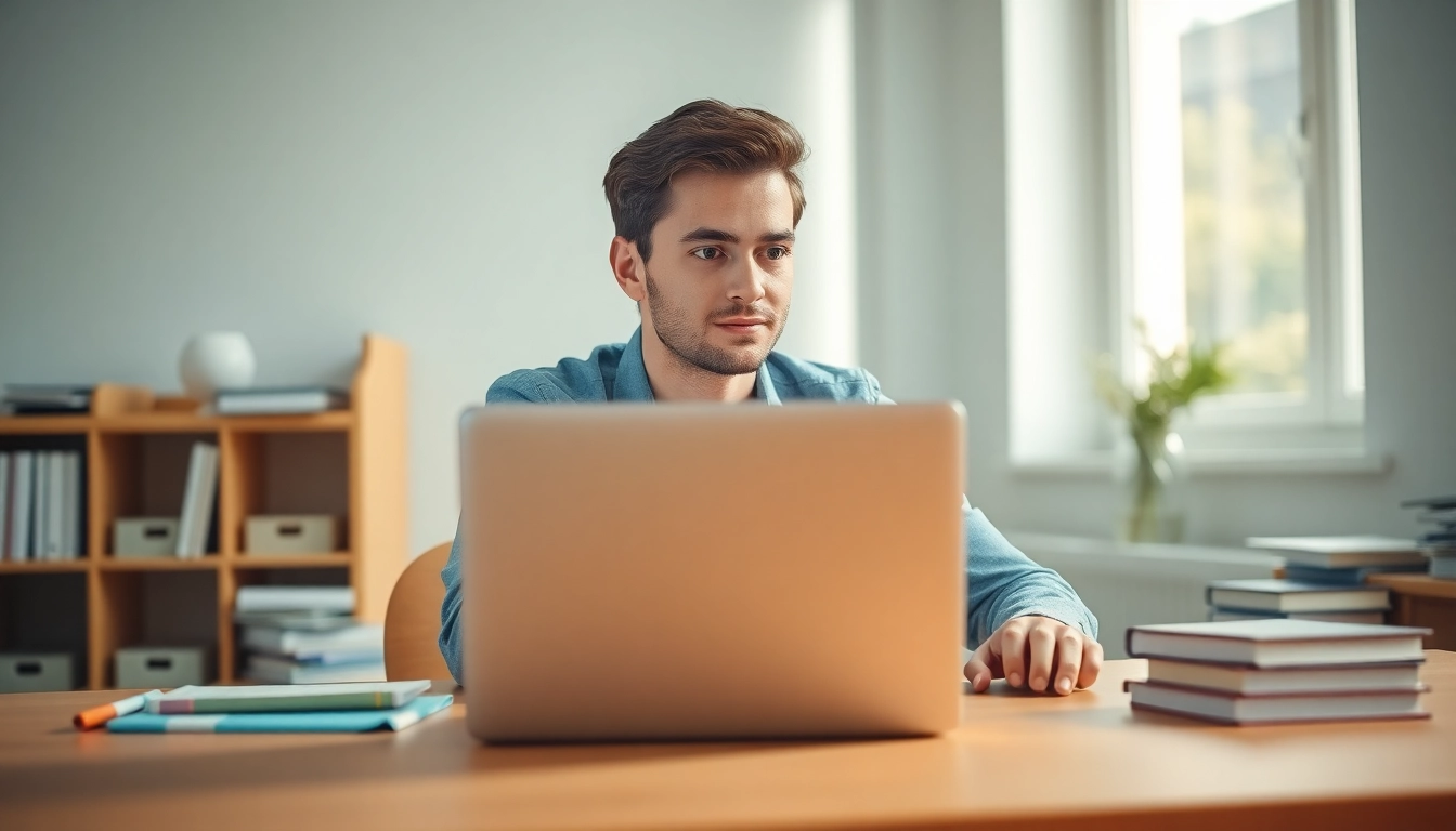 Pay someone to sit my exam - Professional sitting at a laptop focused in a bright study environment.