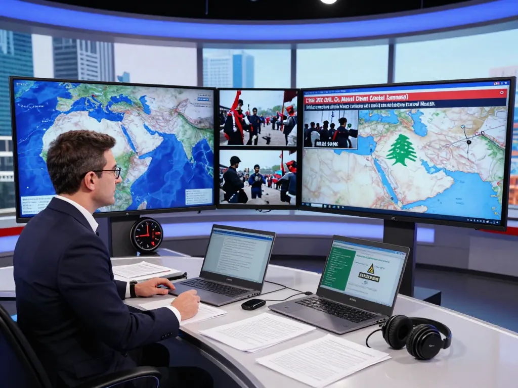 Journalist analyzing Hezbollah's impact on Middle East politics in a modern news studio
