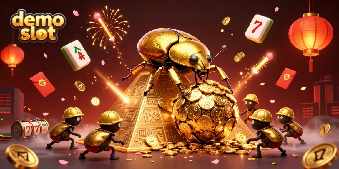 Engage with demo slot game visuals featuring golden beetles and floating casino elements.
