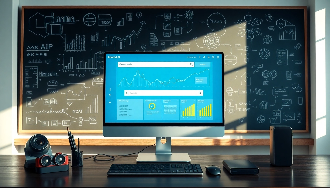 Illustration of generative KI-Suchsysteme on a computer screen with dynamic data visuals.