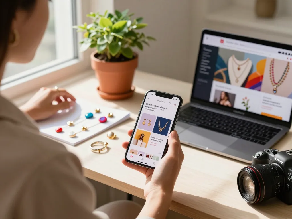 This article depicts a vibrant online shopping experience featuring fine jewelry and a stylish user.
